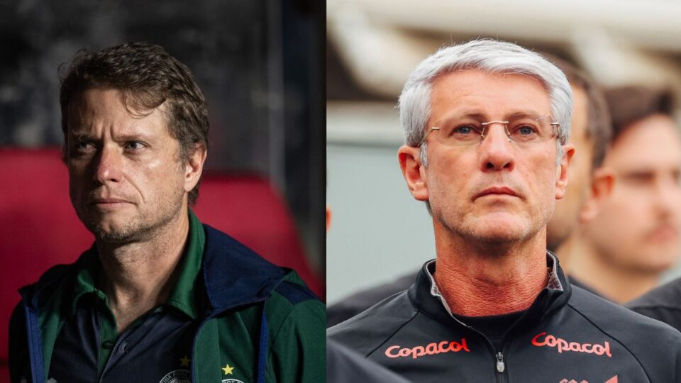 Colagem com os técnicos Odair Hellmann, do Athletico, e Fernando Seabra, do Coritiba, à beira do campo.