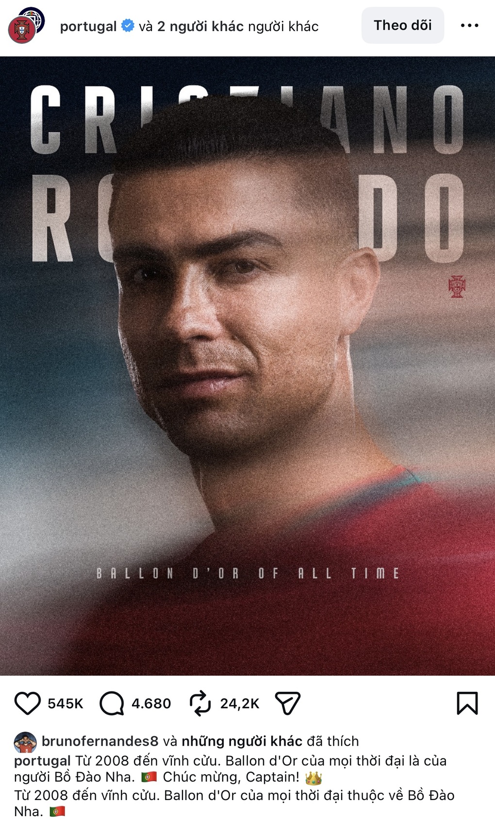 A Federação Portuguesa de Futebol felicitou Cristiano Ronaldo