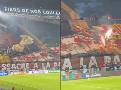 Barcelona aciona a Uefa após faixa intimidatória com motosserra exibida pela torcida do PSG na Champions